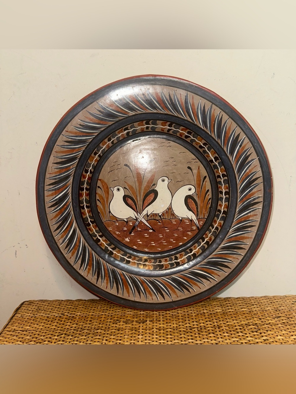 VTG Mexican Art Clay Pottery Plate Birds Flowers 12" Hand Painted Artist Signed
